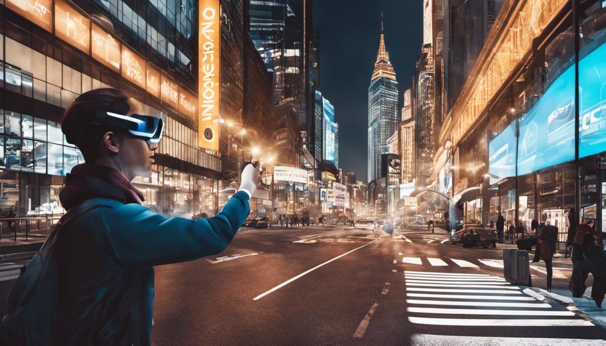 Illustration of a person wearing AR glasses, interacting with virtual objects on a city street.