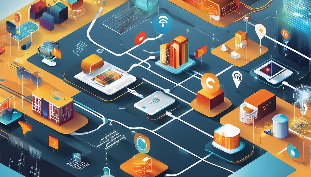 An image showing a diverse range of IoT devices interconnected with lines representing data flow, symbolizing the challenges and opportunities of IoT.