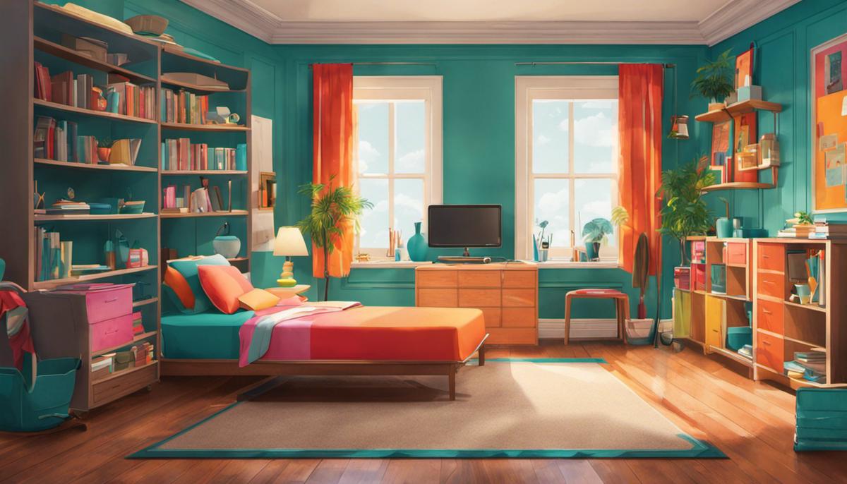 An illustration showing a clean and organized room with vibrant colors, symbolizing the impact of uncluttered spaces on mental well-being