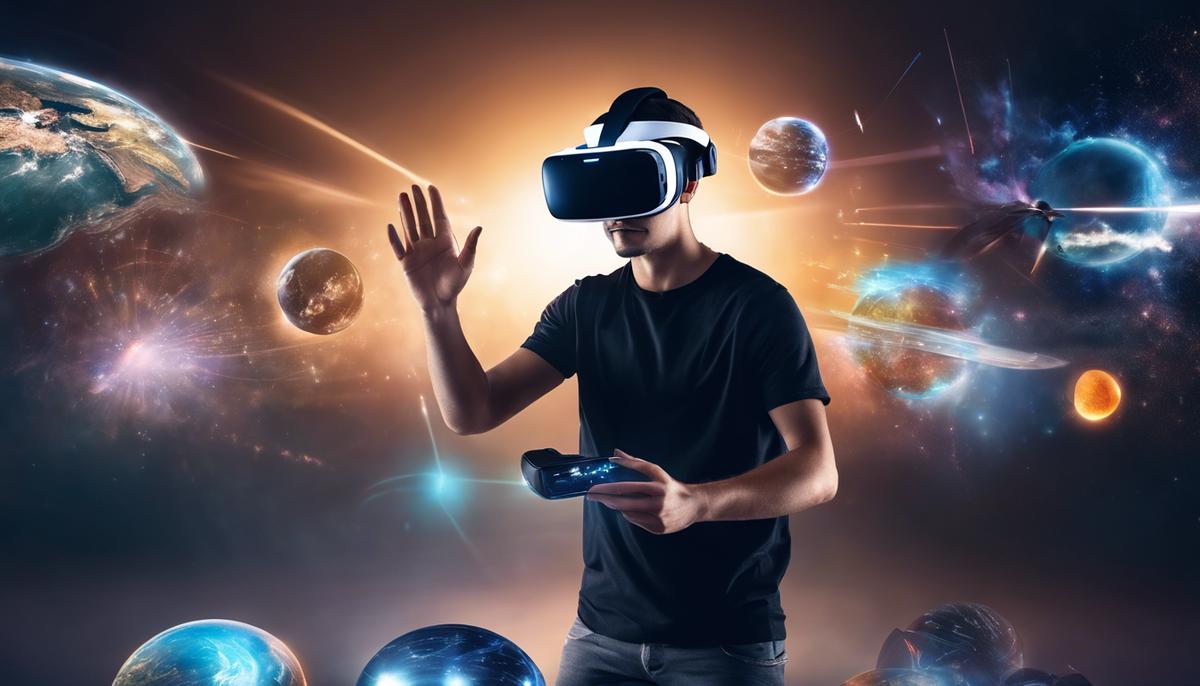 Image of a person wearing VR headset and interacting with virtual objects, representing the concept of VR and AR in our future