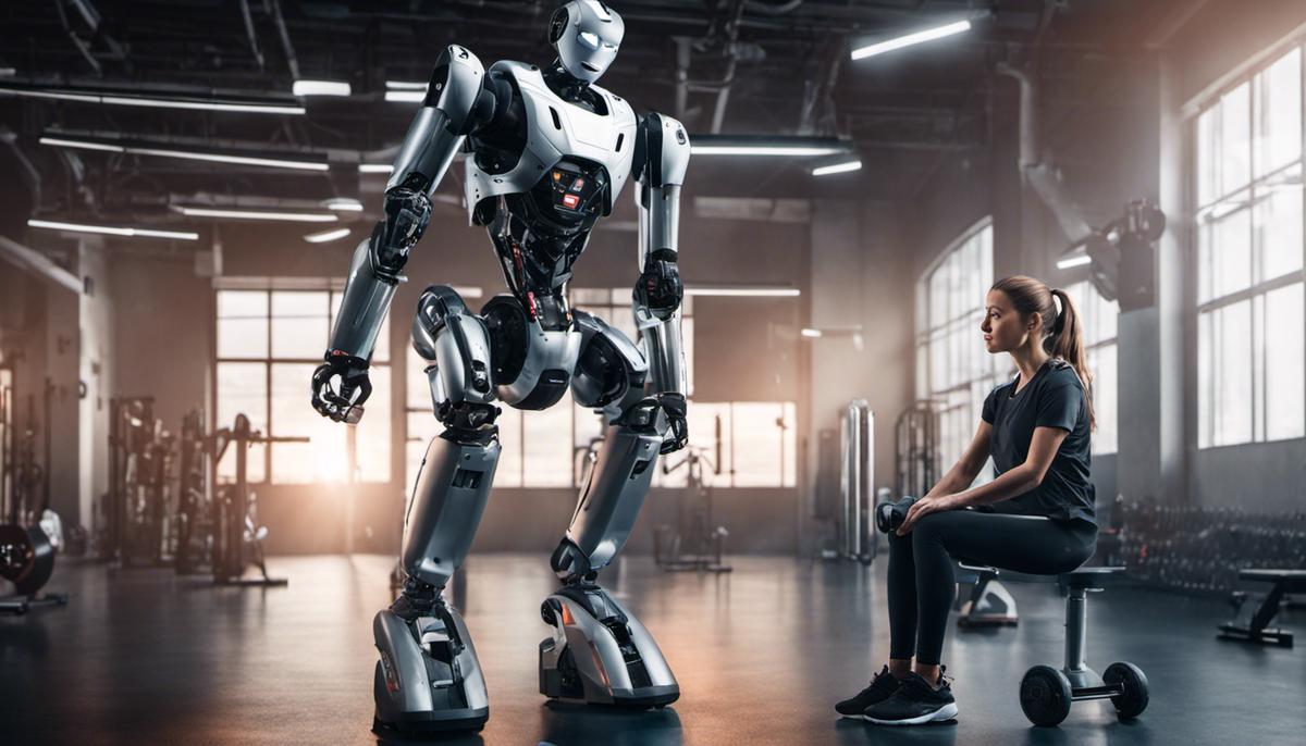 Image of a person exercising with a humanoid robot in a gym environment