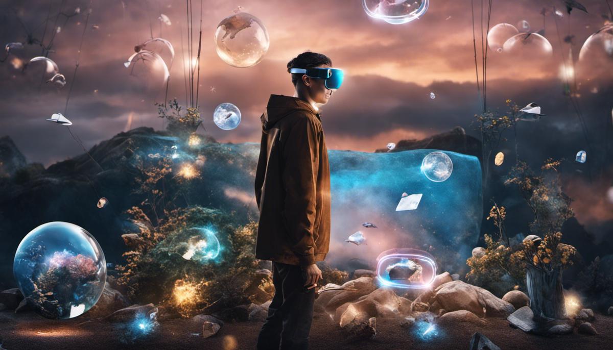 An image displaying a person wearing AR glasses with virtual objects floating around them.