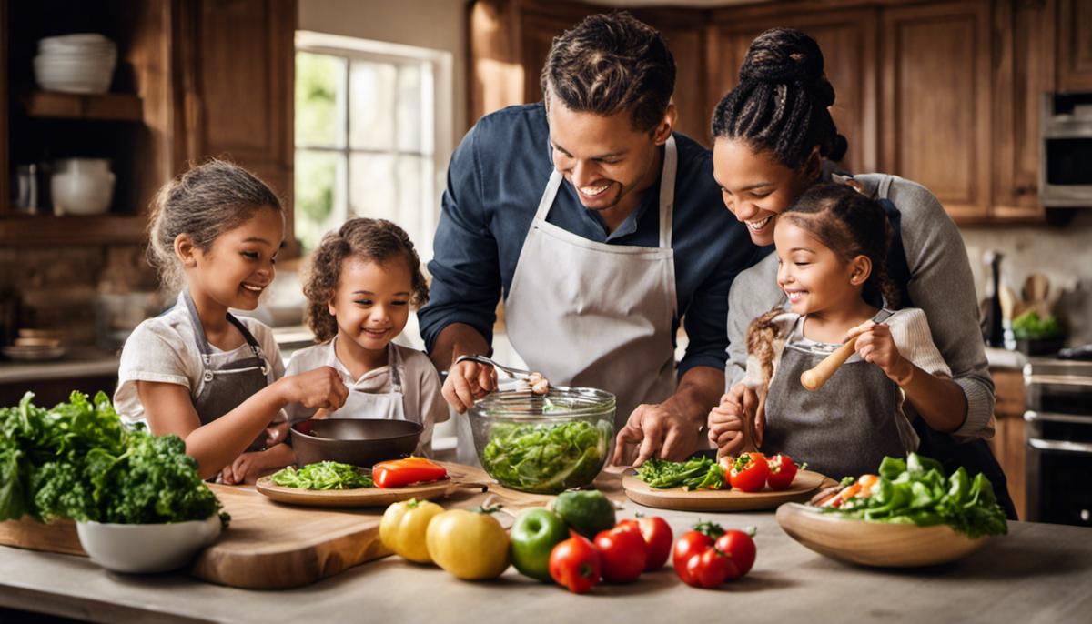Image of a family cooking and enjoying a healthy meal together