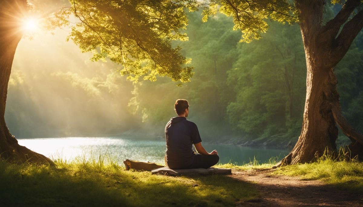 Image description: A serene person sitting cross-legged in a peaceful environment, surrounded by nature, with a soft sunlight illuminating the scene.