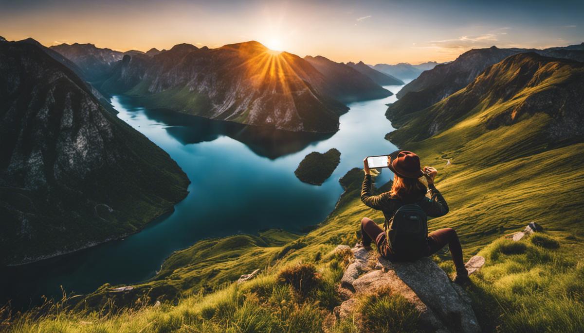 Image of someone using a smartphone to take a photo of a beautiful scenery