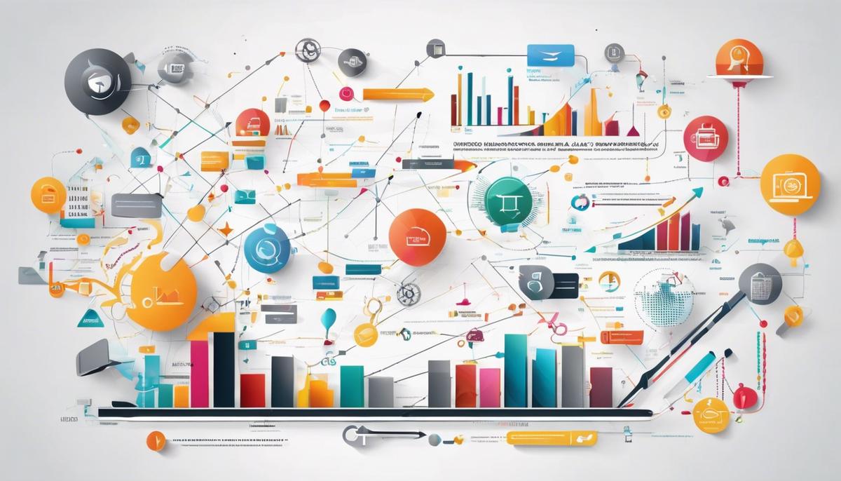 A visualization of the digital marketing landscape with various elements and tools connected through arrows and nodes.