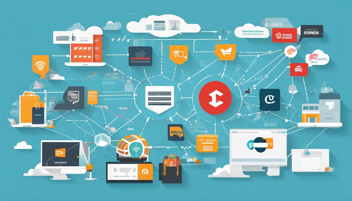 Illustration of different e-commerce business models with arrows connecting them and representing their interconnections.