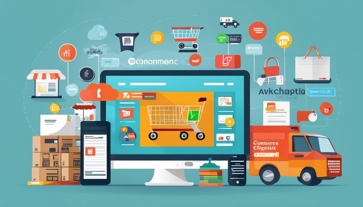 An image of a diverse e-commerce landscape with various websites and shopping carts representing the vast opportunities in the industry