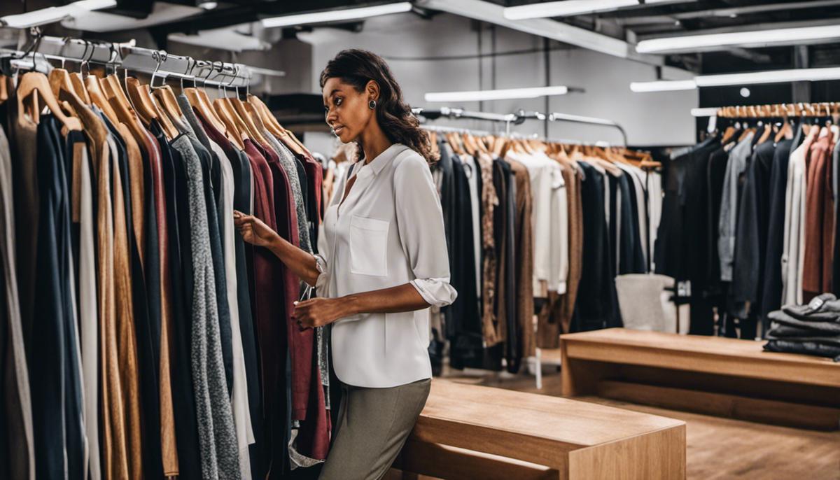 A person picking out sustainable clothing options from a rack.