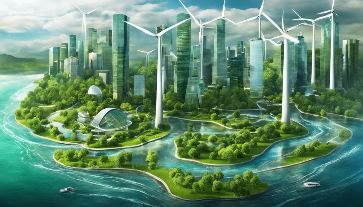 A depiction of a green cityscape with wind turbines, smart buildings, and clean water flowing through streams, representing the potential of eco-friendly technology in creating a sustainable future.
