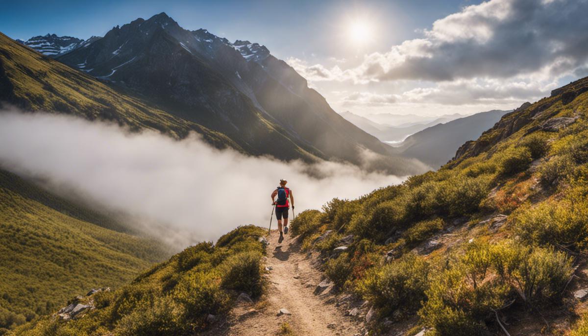 A person in athletic wear hiking on a scenic trail in the mountains