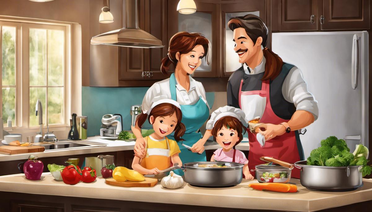 A happy family cooking together in the kitchen.