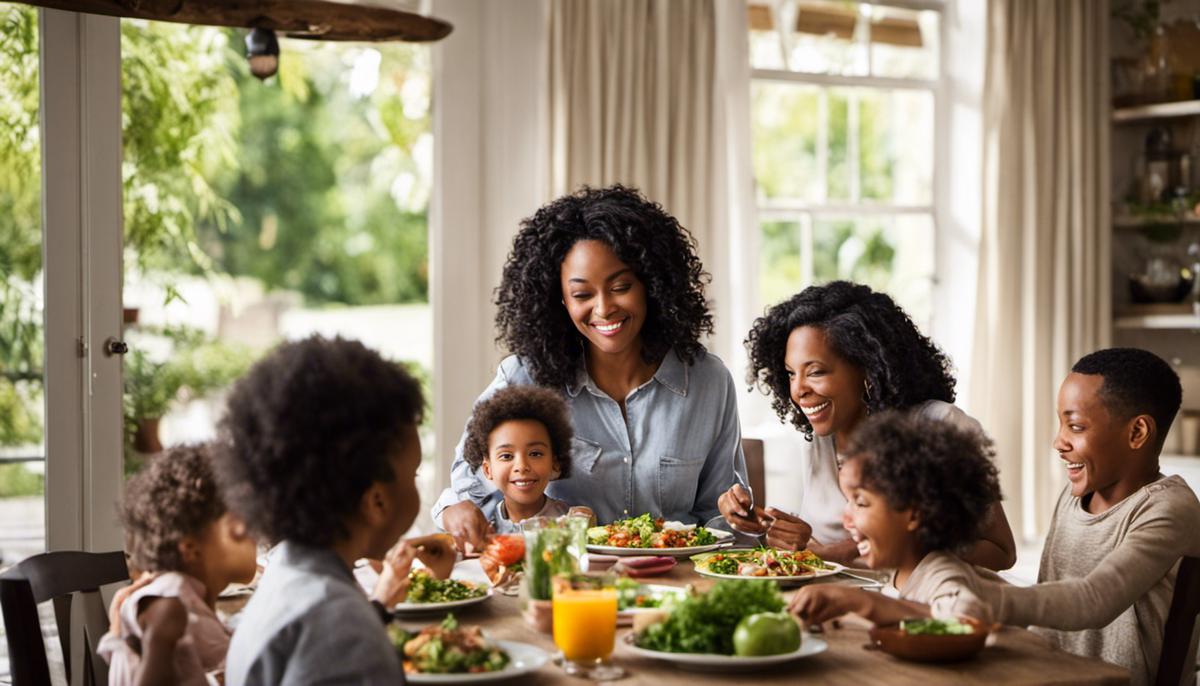 A diverse family sitting around a table enjoying a healthy meal together