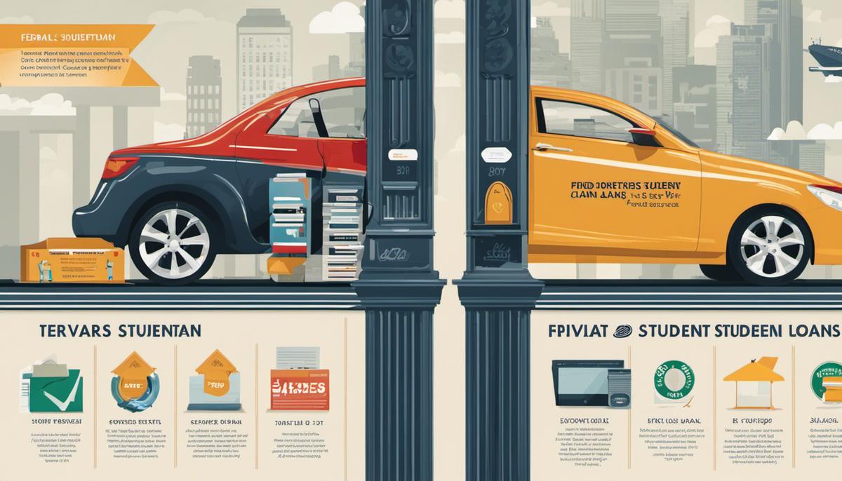 Illustration comparing federal and private student loans with text on each side highlighting their differences.