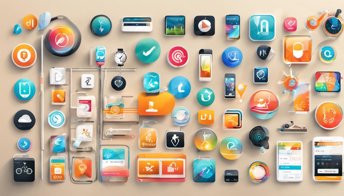 Image depicting various fitness app icons and technology symbols