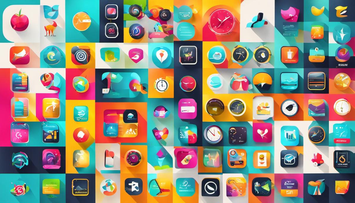 Collage of fitness app icons with bright colors and dynamic designs