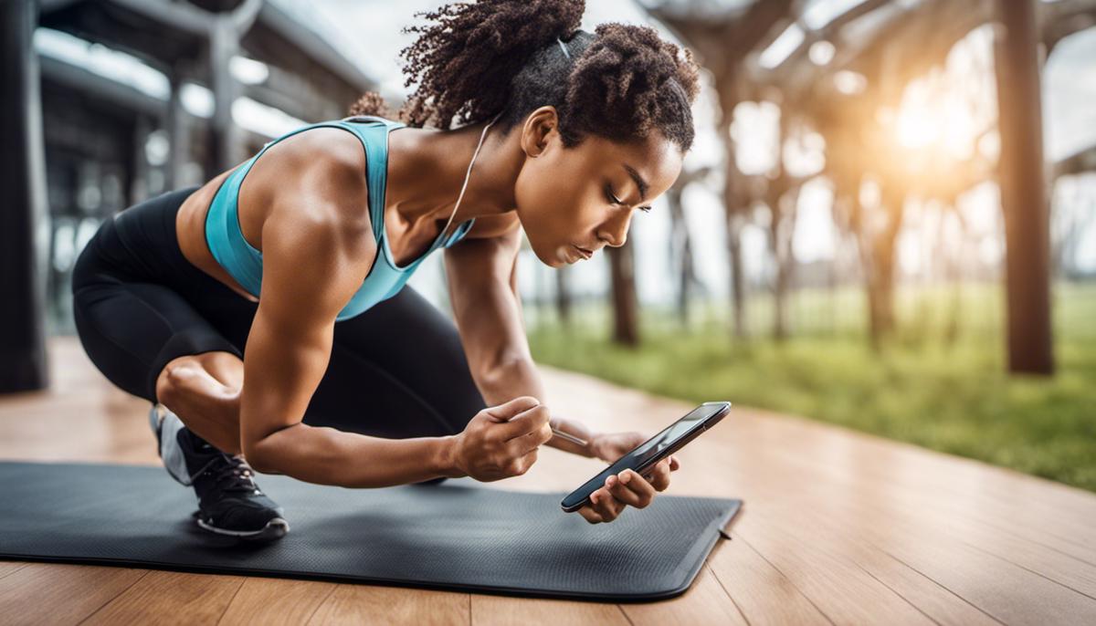 Image depicting a person using a fitness app on a smartphone, tracking their exercise and health data.