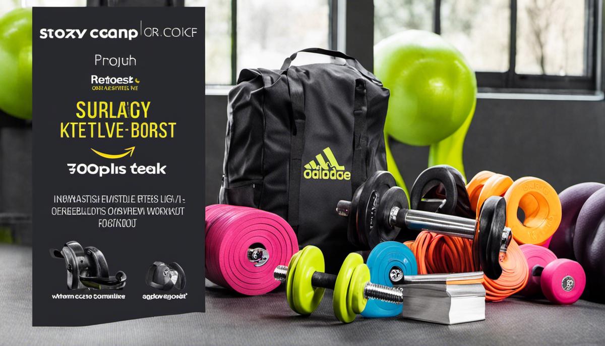 Various fitness gears including dumbbells, kettlebells, and resistance bands, showcasing the wide range of options available for a home workout routine.