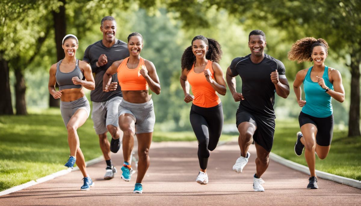 A diverse group of people exercising together, promoting a healthy and active lifestyle.