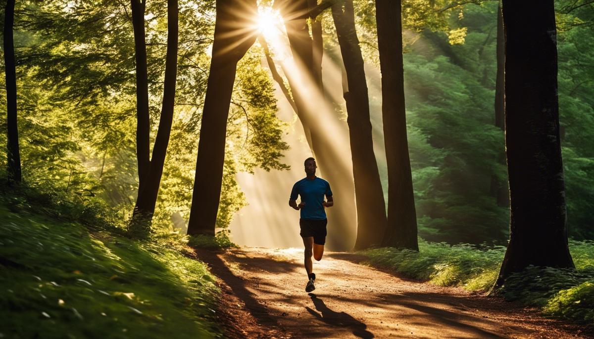 Image Description: A person jogging on a trail with trees in the background and sunlight pouring through the leaves.