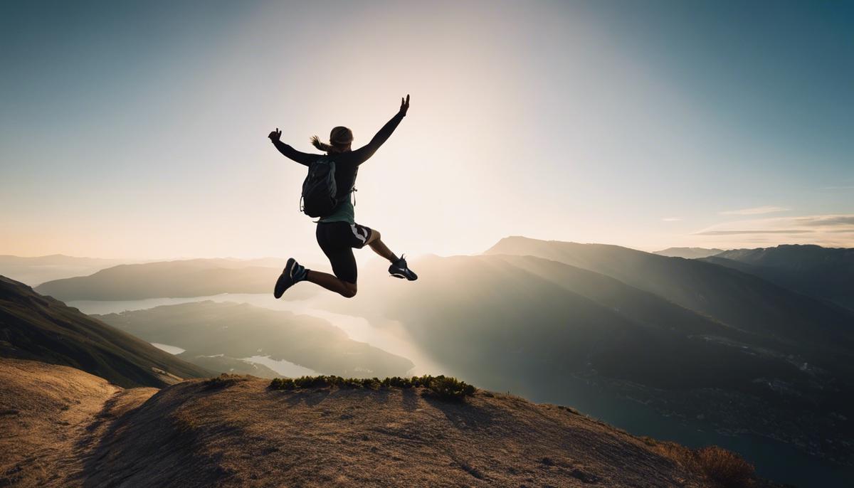 A person jumping in the air with excitement during a fitness journey