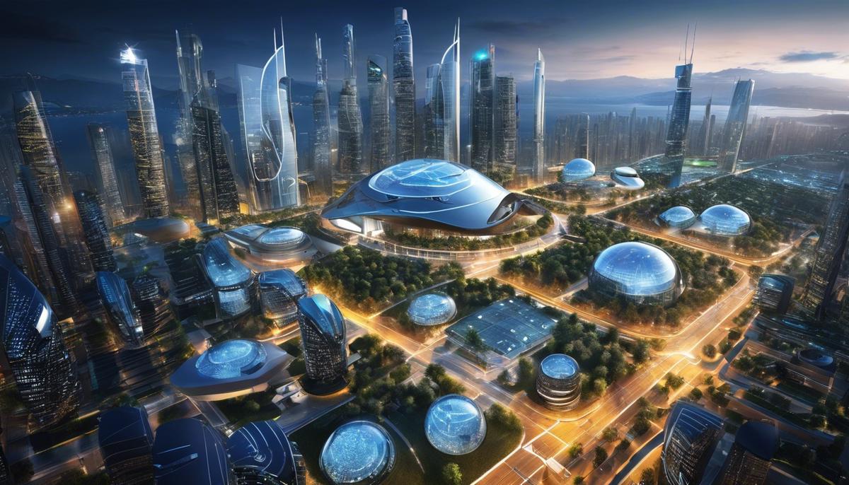 Image depicting a futuristic city with advanced technology gadgets and sustainable energy solutions.