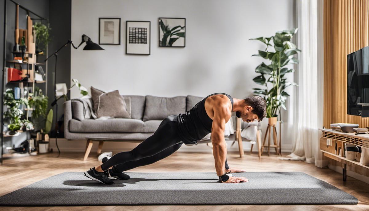 Image Description: A person exercising at home in a clutter-free area with proper equipment and good posture.