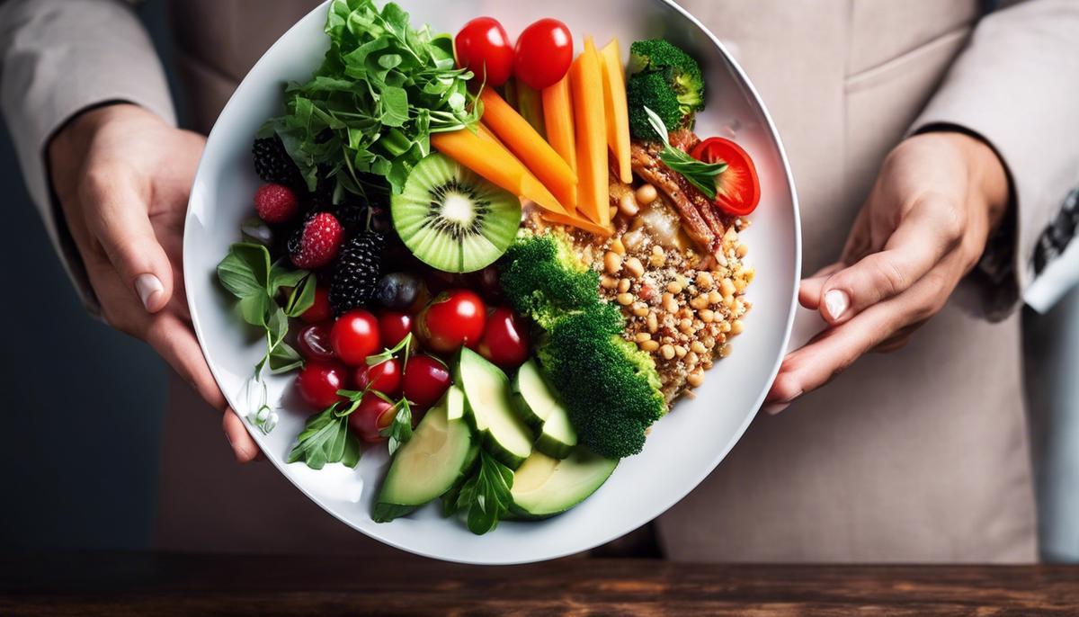 Image of a person holding a plate of healthy food, showcasing the intersection of a healthy diet and a fashionable lifestyle.