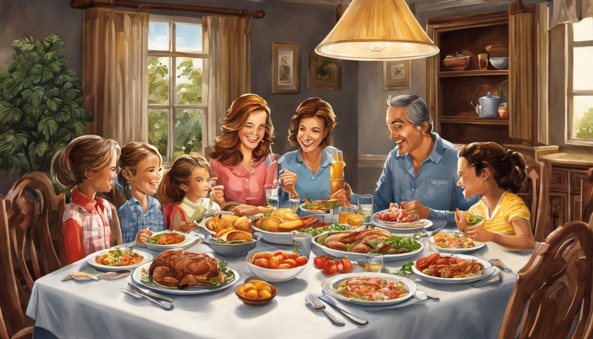 Illustration depicting a happy family around a dining table, enjoying a meal together.