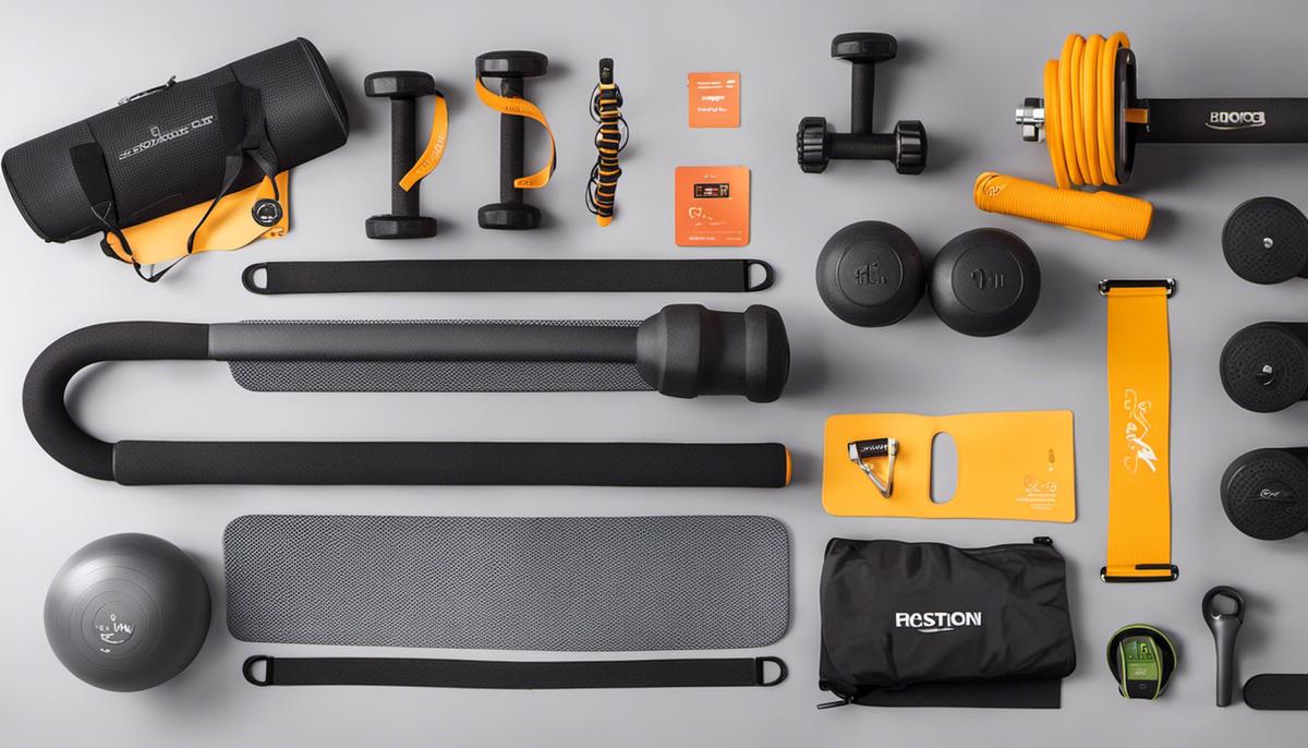 An image showing various home fitness gadgets like adjustable dumbbells, resistance bands, yoga mat, fitness tracker, step platform, and stability ball.