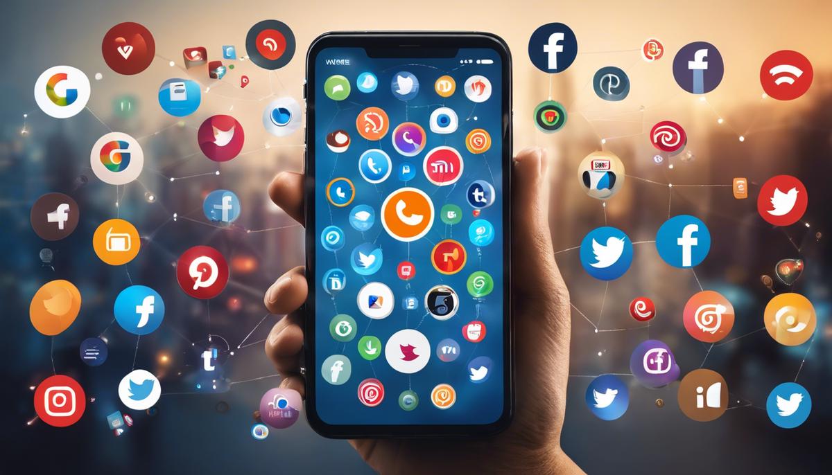 Image of a person holding a social media phone with icons representing different social media platforms, highlighting the influence of marketing through influencers.