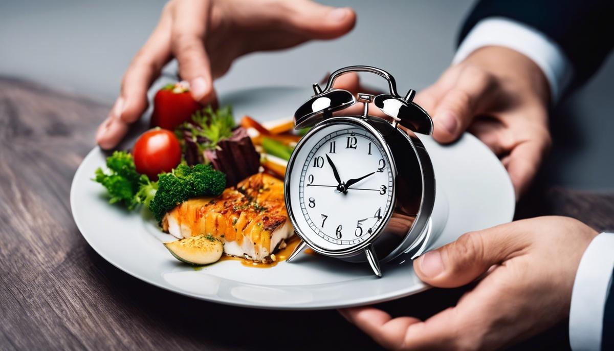 A person holding a clock showing a picture of a plate with food and an empty plate, representing intermittent fasting.