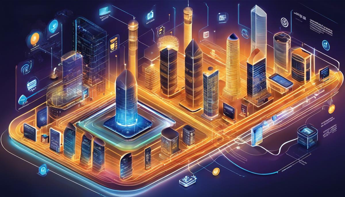 Illustration depicting the architectural design of IoT, showcasing interconnected devices, gateways, data analytics, networking, and application layers.