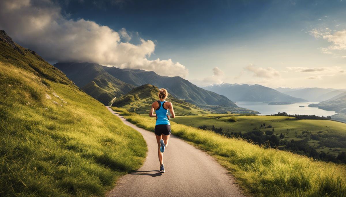 Image of a person jogging on a scenic road overlooking a beautiful landscape