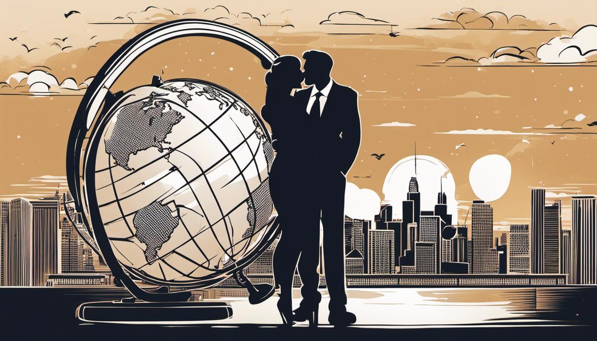 Illustration of a couple talking on the phone while holding a globe, symbolizing communication and connection in a long-distance relationship