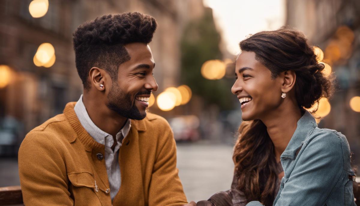 A couple talking on a video call, symbolizing a long-distance relationship. They are smiling and holding hands virtually.