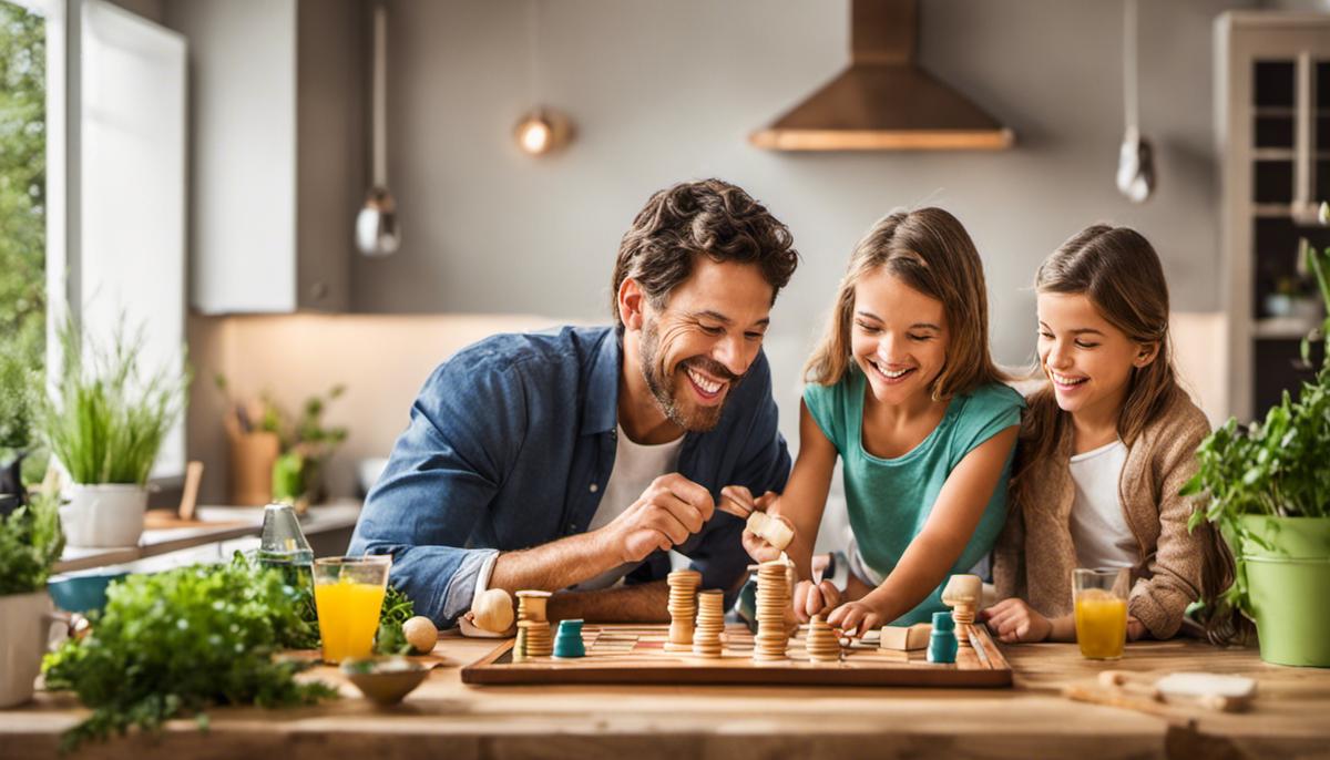 Image of a family enjoying a low-tech lifestyle, engaging in activities such as playing board games, gardening, and cooking together.