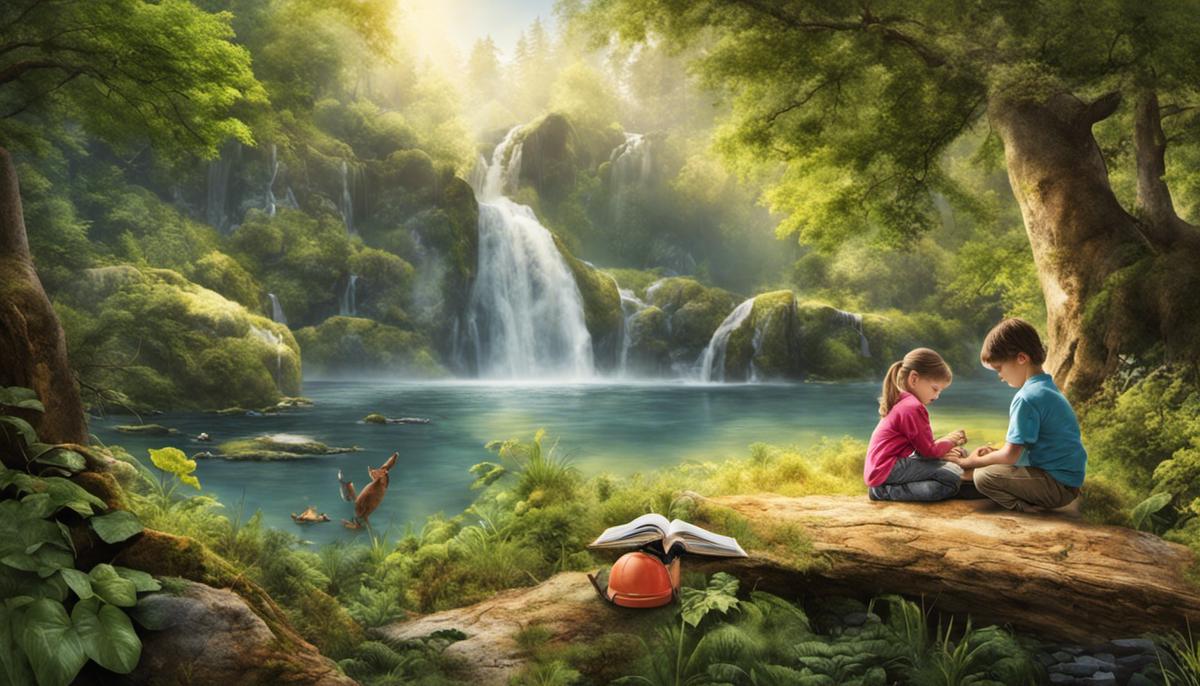 Image depicting children engaging in hands-on activities, reading, and connecting with nature in a low-tech environment