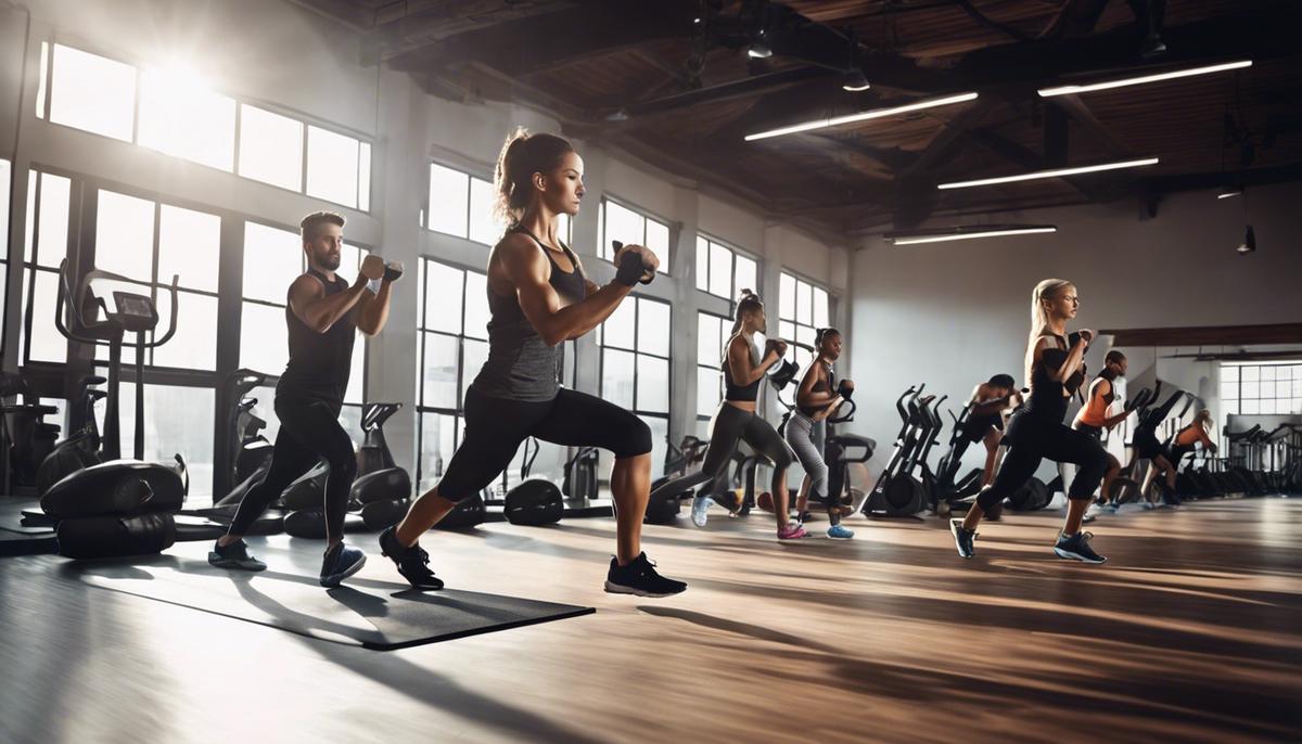 A group of people exercising in a gym with a fitness coach