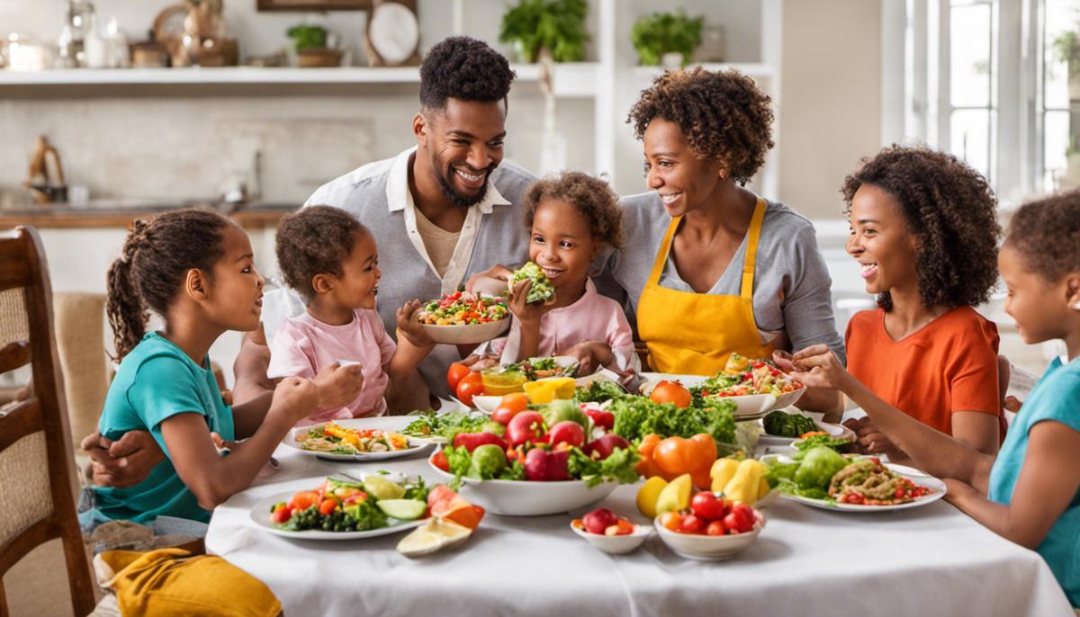 A group of happy family members sitting around a table, each holding a plate of colorful and nutritious meals.