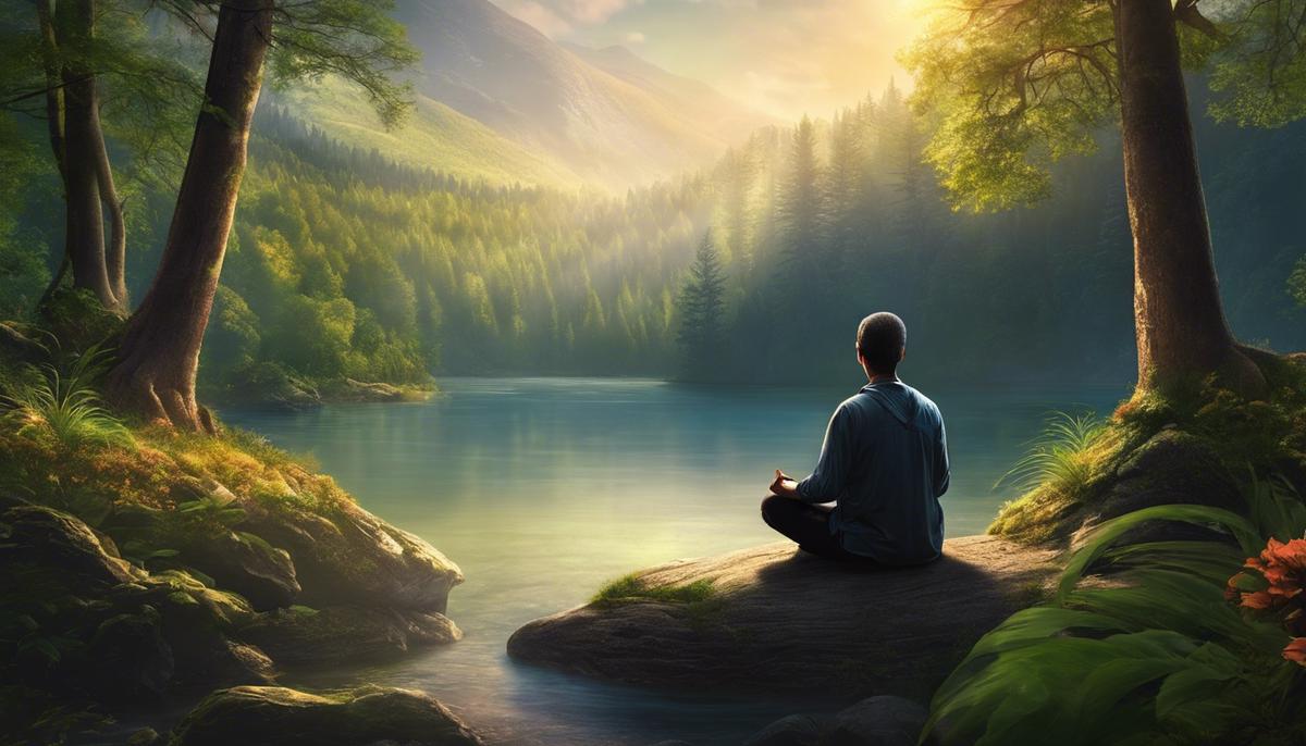 A person sitting cross-legged and meditating, surrounded by nature.