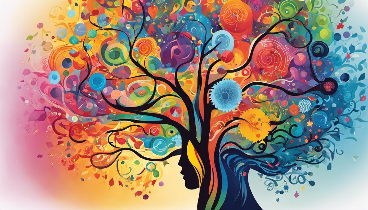 A colorful image depicting various elements of mental health, such as a brain, emotions, and social connections.