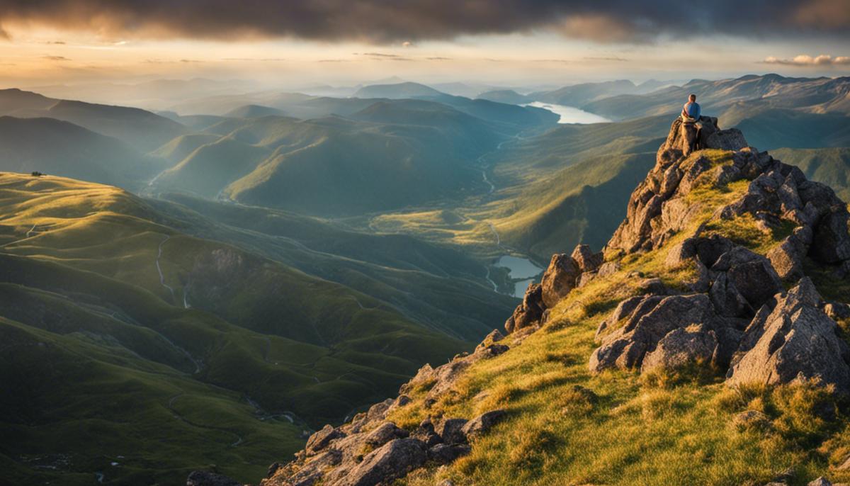 An image of a person sitting on a mountain, enjoying the scenic view and taking a moment for mental health.