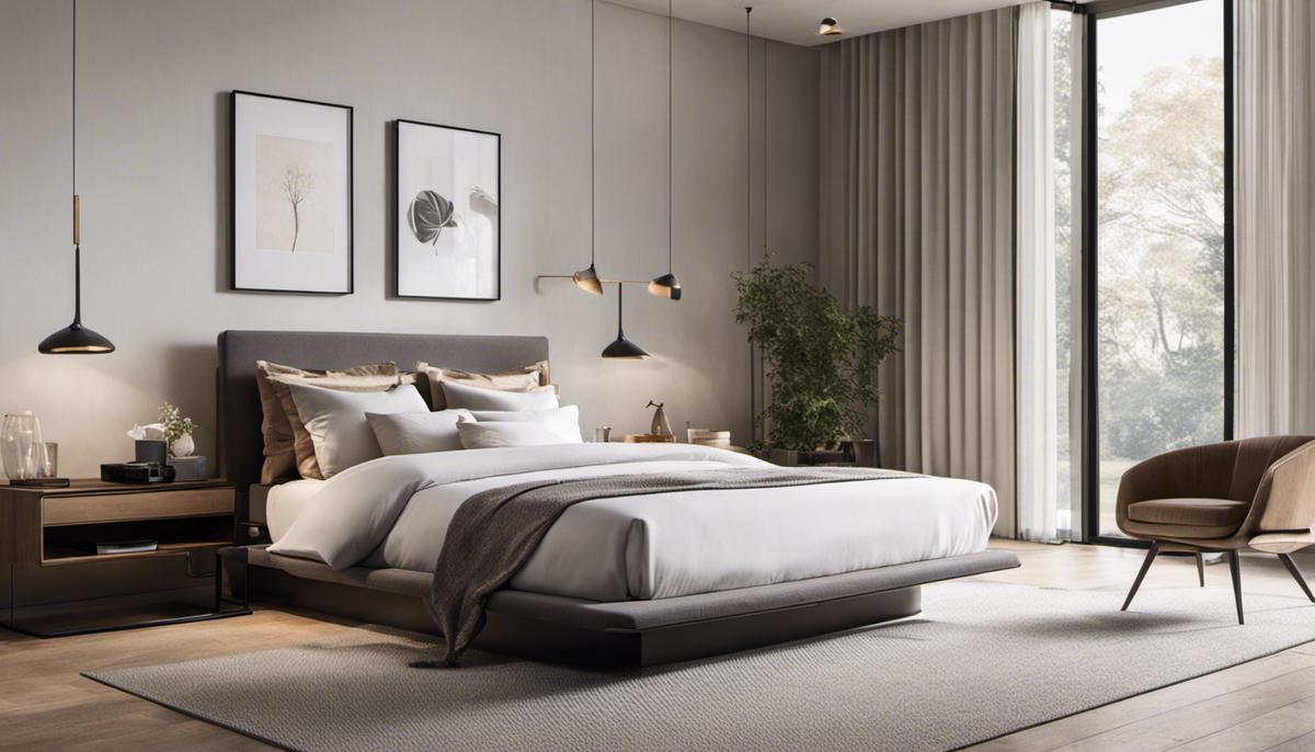 Image of a serene minimalist bedroom with clean lines, neutral colors, and minimal decor.