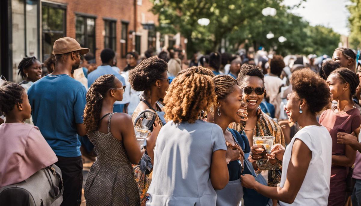 Image of diverse community engaged in face-to-face communication during a block party.