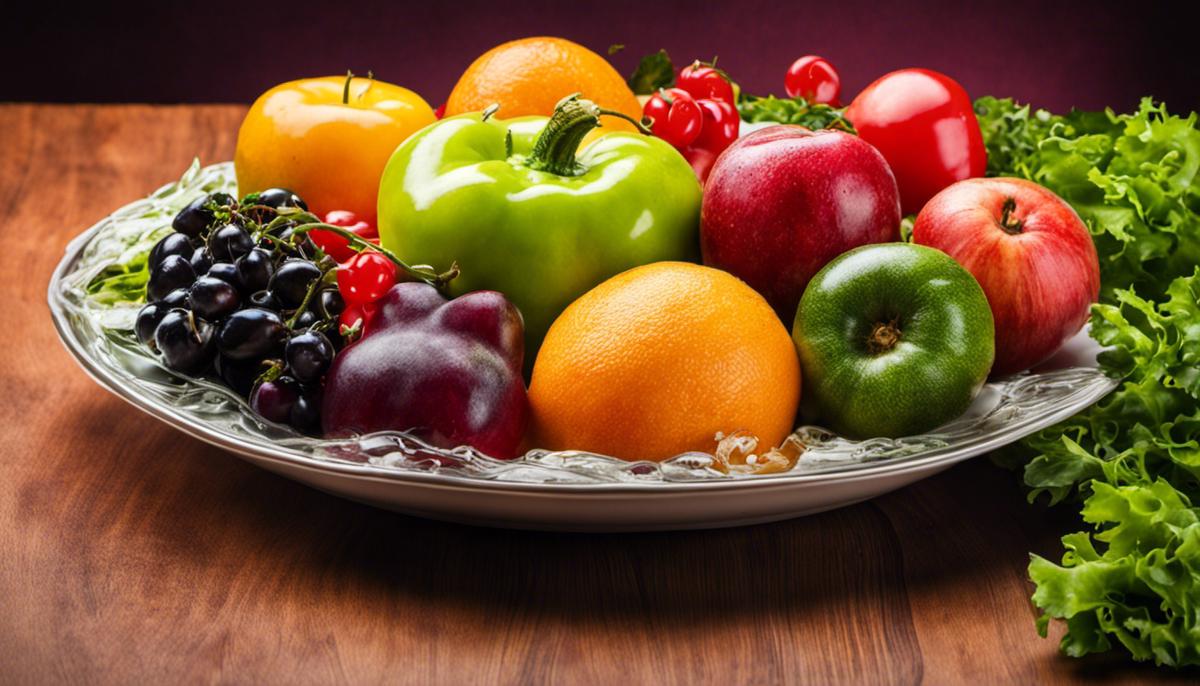 A colorful image of a variety of fruits and vegetables on a plate.