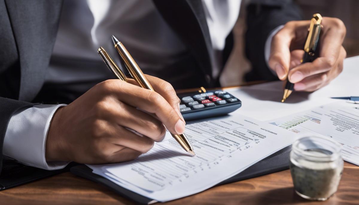 Image depicting a person organizing their finances with a pen and calculator