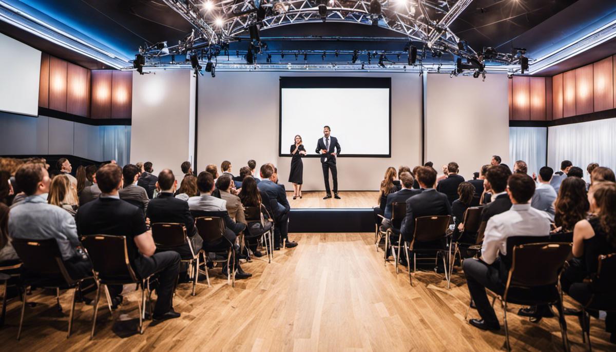 An image showing a presenter on stage captivating the audience's attention while giving a presentation.