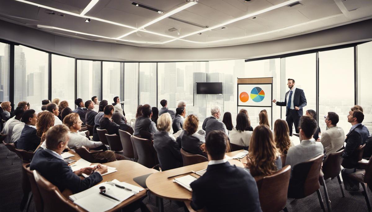 An image illustrating a professional giving a dynamic PowerPoint presentation to an engaged audience.