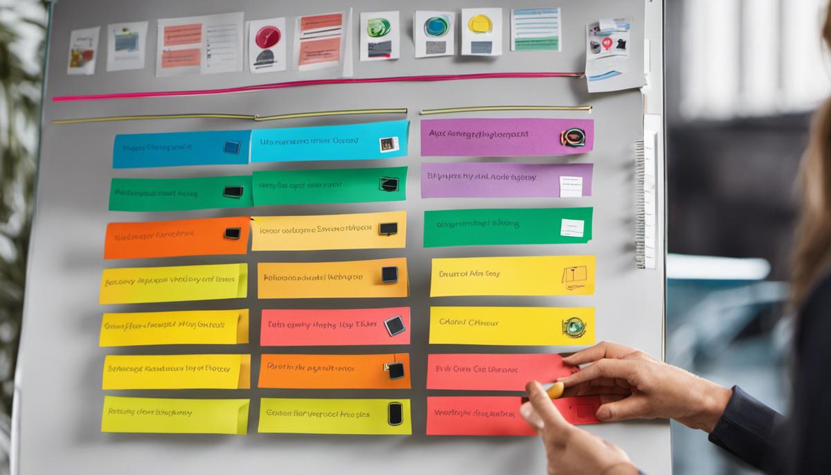 Image illustrating a person organizing tasks with colorful priority labels